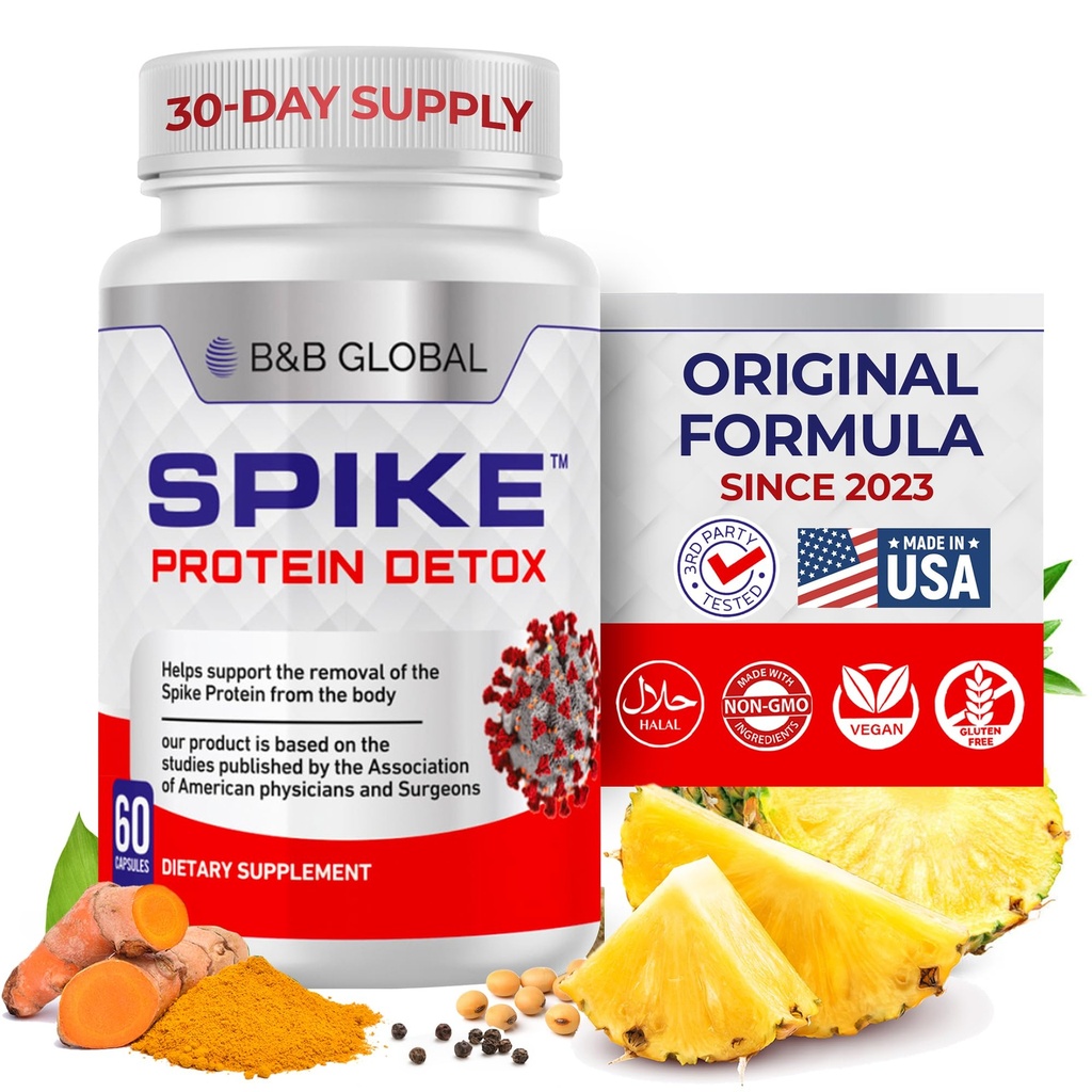 Spike Protein Detox - Spike Support Supplemento per il bilanciamento delle proteine - Miscela non aromatizzata 3-in-1 con Nattokinase 4000Fu, Bromelain 500mg, Curcumin 1000mg - Made in the USA - 60 capsule, 30 giorni di alimentazione