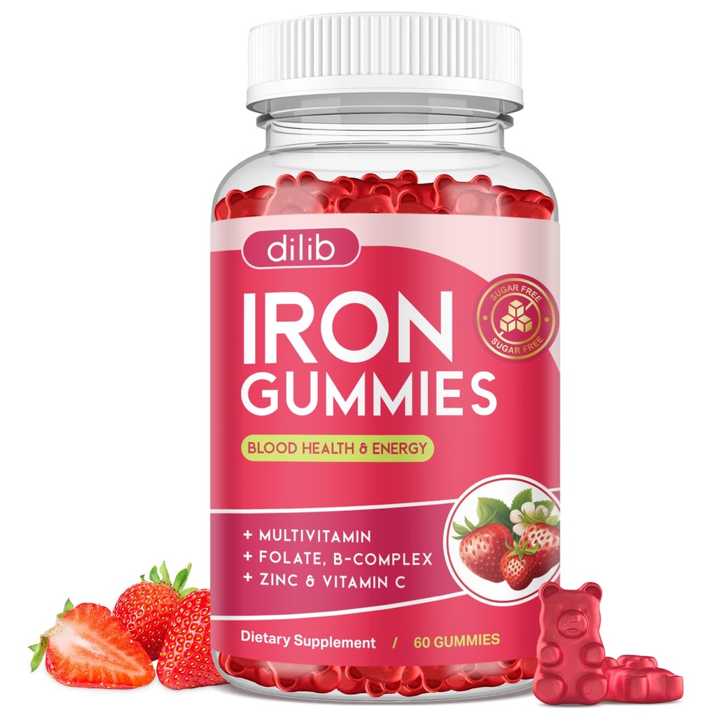 Gummie di ferro con Multivitaminico, Supplemento di ferro per le donne e gli uomini con zinco, Vitamina B Complex & C, B12, Folate - Sangue Builder & Energy Support per adulti & bambini - Fragola Flavor, Vegan 60 Gummies