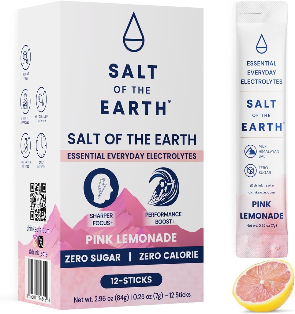 Salt of the Earth Premium Zero-Sugar Electrolyte - Realizzato con sale himalayano rosa - Idratazione Powder Packets | Premium Ingredients | Keto & Paleo Friendly | 12 Sticks, Pink Lemonade