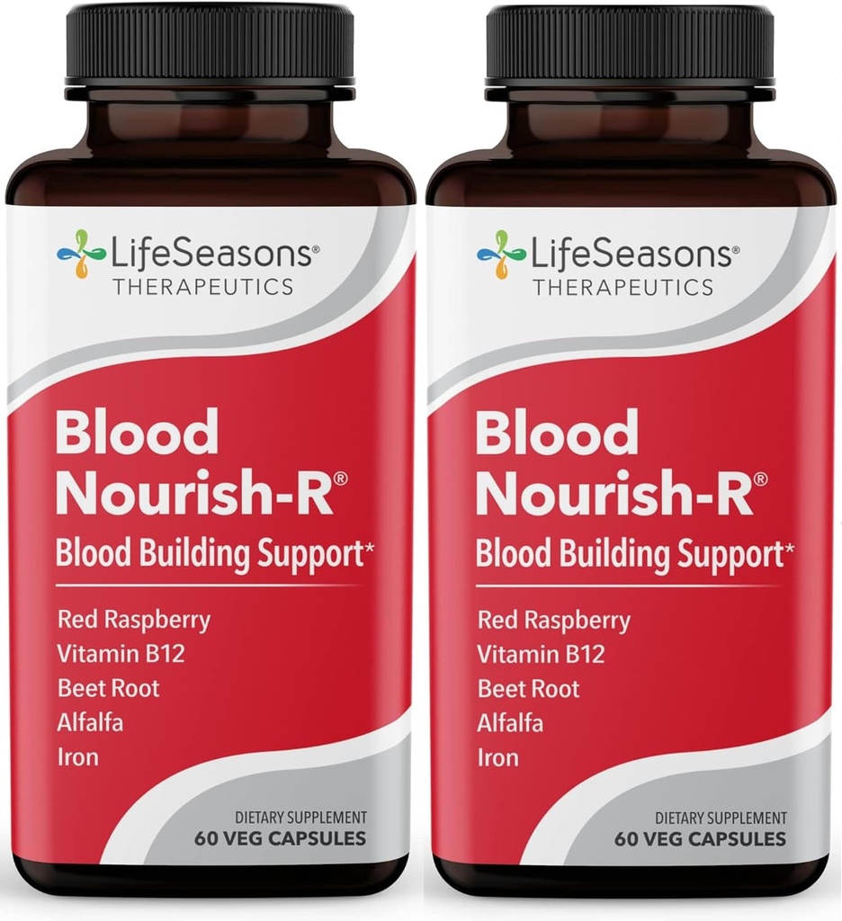 LifeSeasons Blood Nourish-R - Supplemento al ferro - Non costipazione - Supporta l'anemia, la fatica, la bellezza e la vertigini - Edificio del sangue - Ferro, Alfalfa, Raspberry & Vitamina B-12-60 Capsules (Pack of 2)