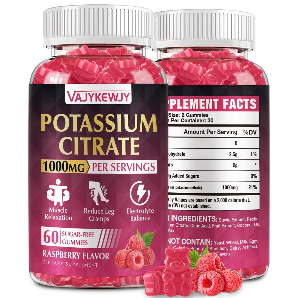 Gummies Citrato di potassio, Supplemento di potassio elevato (1000mg), Supporta Crampe di gambe e salute del muscolo, Adatto per adulti e bambini, Vegan, Non OGM, 60-Paesi