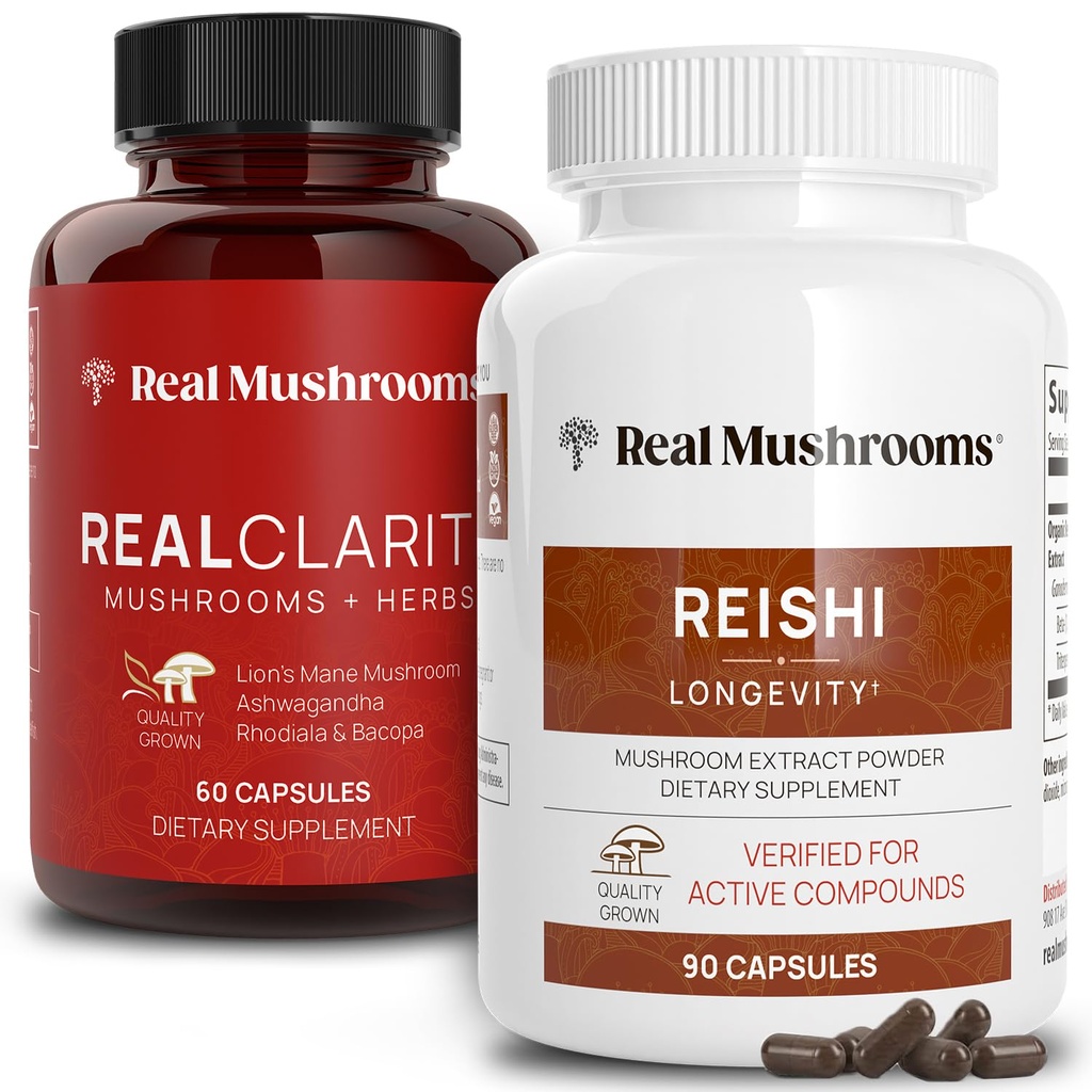 Real Mushrooms RealClarity (60ct) e Reishi (90ct) Capsule Bundle - Mushroom Supplemento per Clarity Mentale, Focus, Relax, Sleep & Longevity - Vegan, Non OGM, Verified Levels of Beta-Glucans