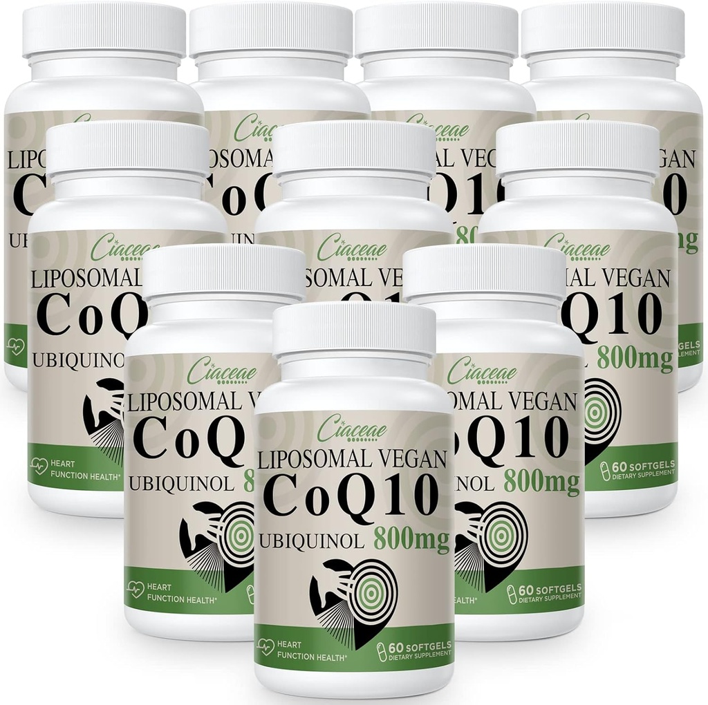 Liposomal CoQ10 800mg Ubiquinol Softgel, Max Absorption Ubiquinol Coenzyme Q10, Ubiquinol CoQ10 Supplemento per Antiossidante, Funzione cardiaca e produzione di energia, CoQ10 puro 800mg, 600 Vegan Softgels
