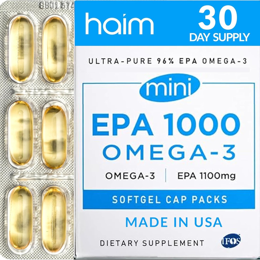 HAIM EPA1000 MINI – Pure EPA Fish Oil Supplement – 1.100mg Omega-3 per il cuore, il cervello e la salute comune – Alta potenza, Burpless Softgels – Piccole capsule Easy-to-Swallow – 60 Softgels – Made in USA