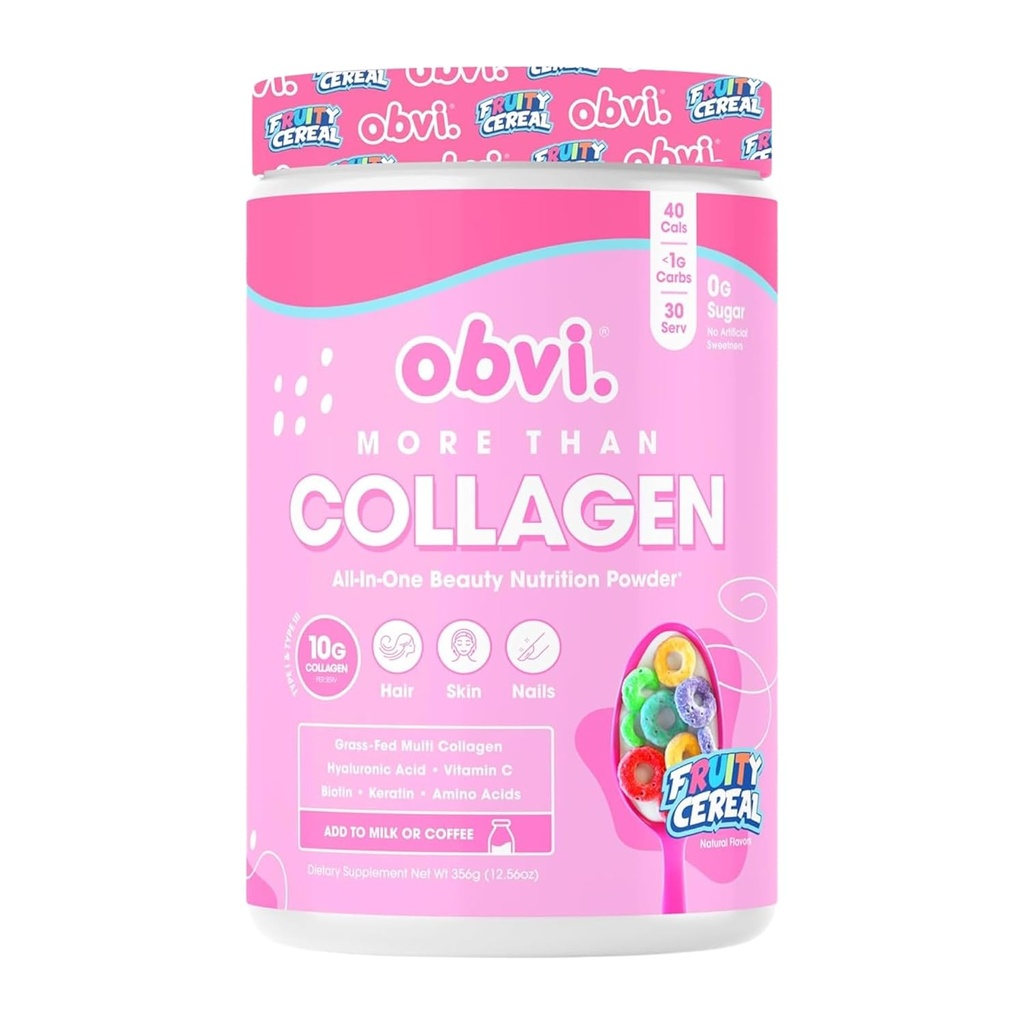 Obvi Più di Collagen Powder | Supporta capelli sani, pelle, unghie, articolazioni, Gut | Grass-Fed Multi Collagen Supplemento con acido ialuronico, biotina, Keratin | Cereale fruttato, 30 Serve