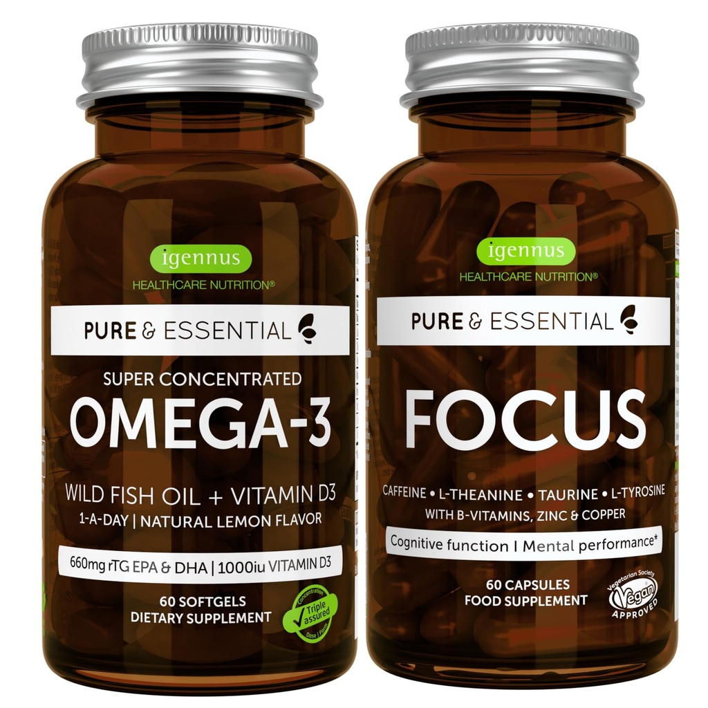 Omega-3 & vitamina D3 1000iu + Booster del cervello di messa a fuoco Bundle, Fast-Acting 1-a-Day EPA & DHA rTG Olio di pesce selvatico + caffeina, L-teanina, Taurina & L-tirosina, B-Vitamins, Zinc & Rame, di Igennus