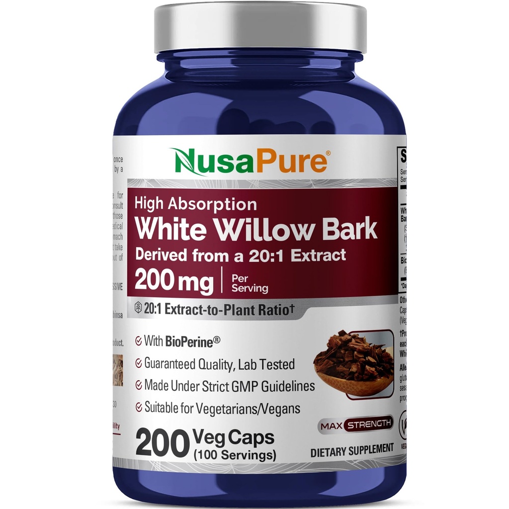 Estratto di salice bianco di NusaPure 20:1, 200 mg Equivalente a 4000mg, 200 capsule vegetali, massima resistenza, (non OGM, Vegan)