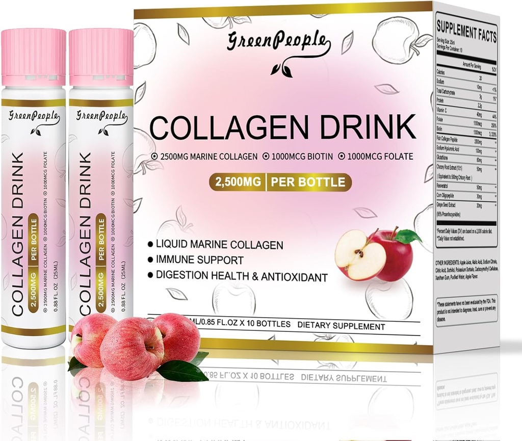 GREENPEOPLE Collage liquido per le donne e gli uomini, Peptidi di collagene di pesce + Acido ialuronico + Vitamina Bs & C, Giunti per unghie della pelle dei capelli Supporto delle ossa (0.85 fl oz, 10 bottiglie, mela)