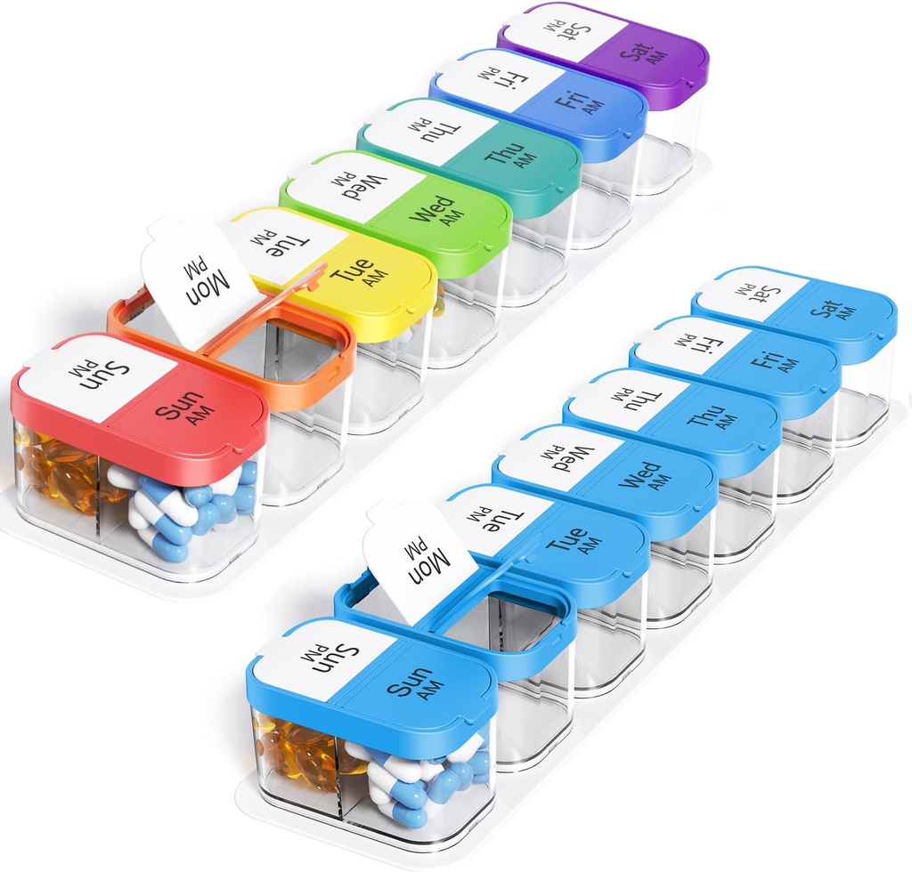 Odaro Extra Large Weekly Pill Organizer, XL Pill Box 7 giorni PM, Jumbo Medicine Organizer 2 volte al giorno per tenere la medicina quotidiana, vitamine e integratori, Rainbow & Blue/White (Set of Two)