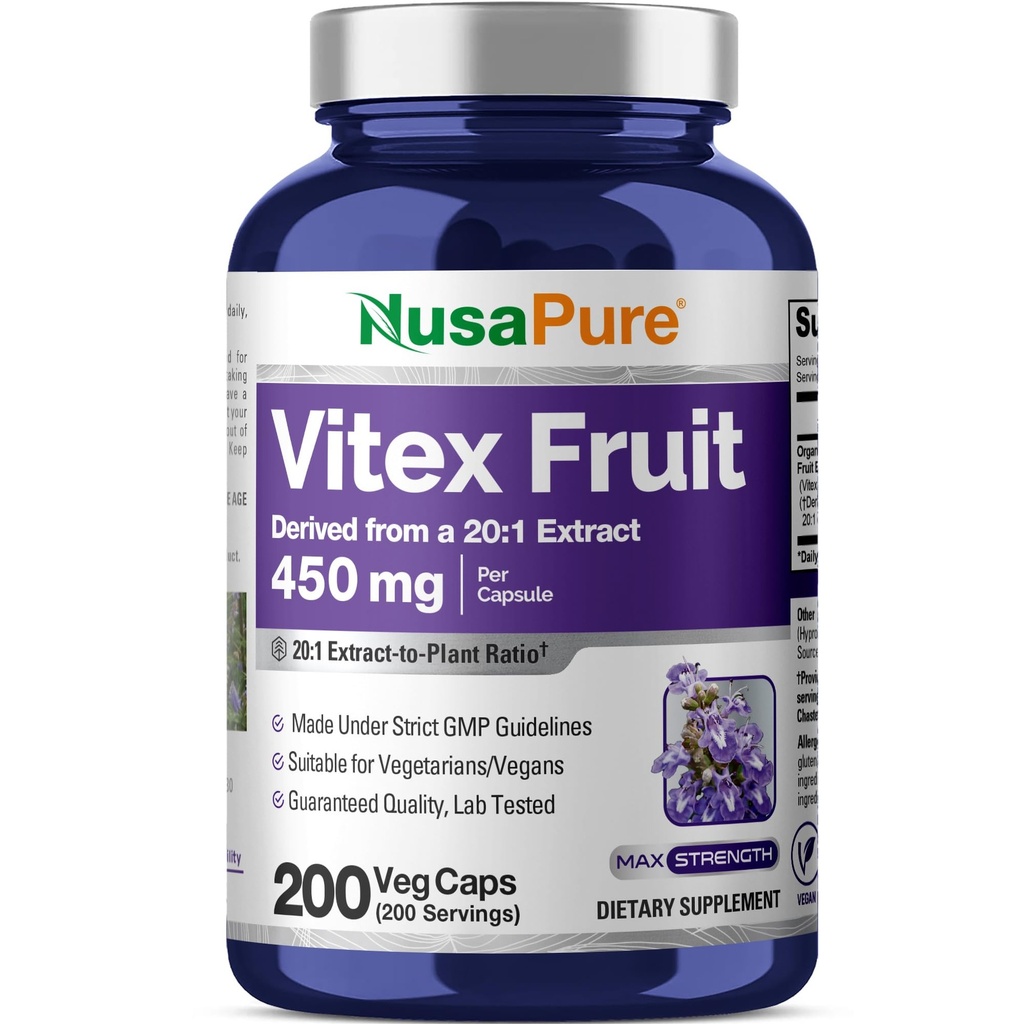 NusaPure Vitex Chasteberry Fruit 20:1 Extract, 450 mg Equivalente a 9.000 mg 200 Vegan Capsule - Non-GMO, Vegan Integratore alimentare