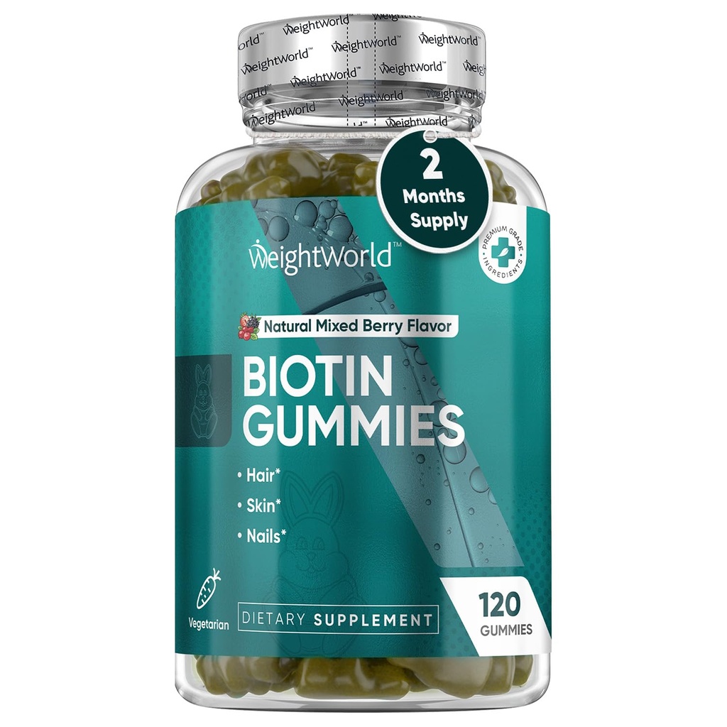 Pesi Mondo Biotina Gummies per Capelli, Pelle & Unghie 5000mcg - 120 Conte (60 Serve) - Integratori Biotina per Donne & Uomini - Biotina Mista Naturale Profumata Biotina Profumata - Vegetariano & Terzino Testato