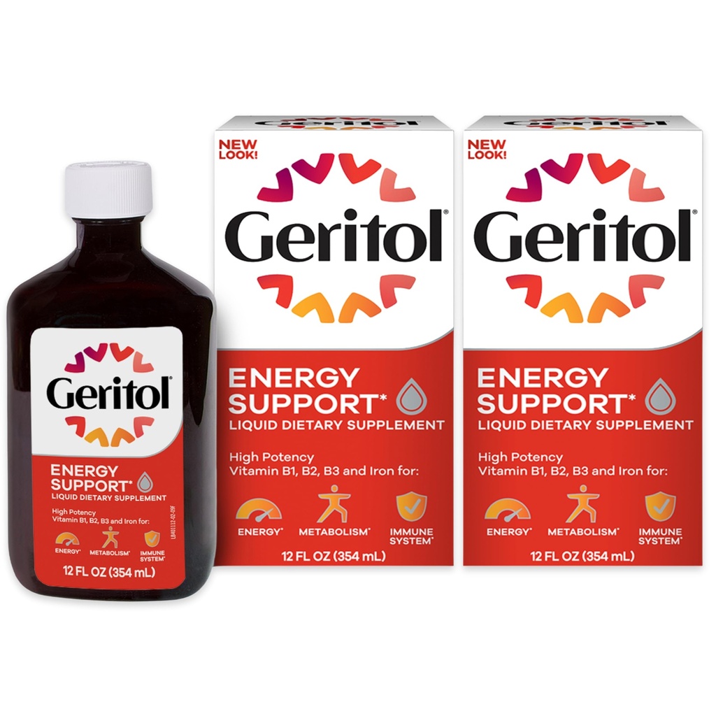 Geritol liquido vitamina e ferro supplemento, supporto energetico, contiene alta potenza B-Vitamins e ferro, piacevole degustazione, facile da ingoiare, nessun dolcificanti artificiali, non OGM, 12 Oz, 2 Confezione