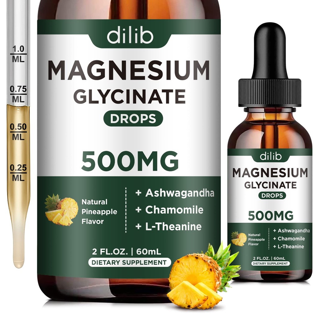 Magnesio Glycinate 500mg - Liquid Magnesium Drops, Ashwagandha, L - Theanine, Camomilla - Calma & Stress Relief, Rilassamento, sonno riposante, Muscolo salute del cuore, Vegan - 2 Fl Oz (30 giorni)