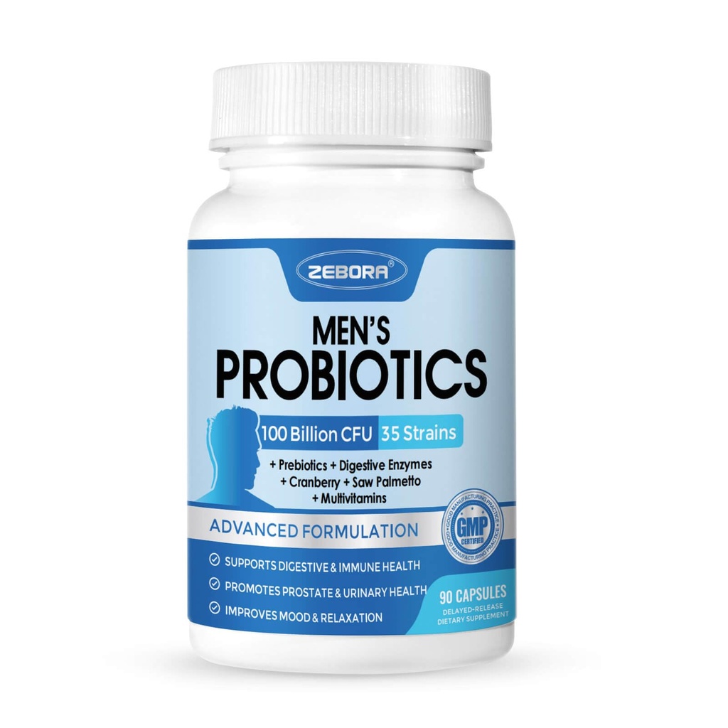 Probiotici ZEBORA per gli uomini 100 miliardi di CFU - Probiotici per la salute digestiva, Integratore Probiotico maschile, Prebiotici e enzimi, per la salute della prostata con Saw Palmetto | 90 capsule di Veg