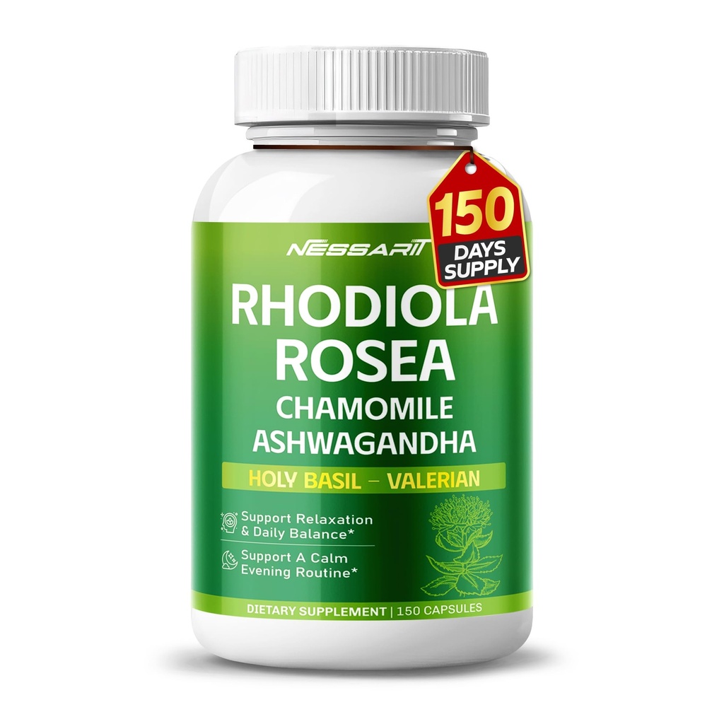 RHODIOLA ROSEA Supplement- 11-in-1 Miscela naturale con camomilla L-teanina Ashwagandha Santo Basilio Valerian Passionflower - 150 Count - Made & Tested in the USA