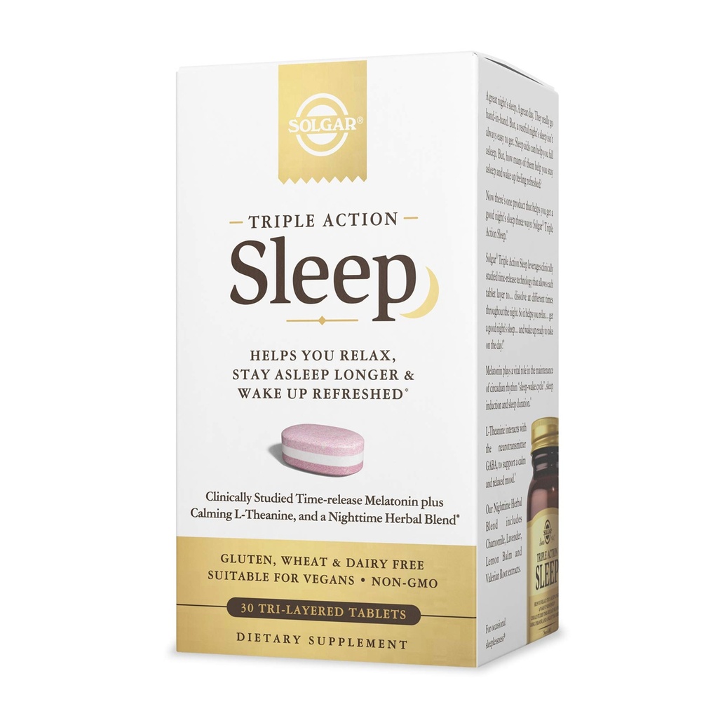 Solgar Triple Action Sleep, 30 Tavole Tri-Layer - Time-Release Melatonin & L-Theanine Plus Herbal Blend - Ti aiuta a rilassarti, Fall Asleep Fast & Stay Asleep Longer - Non-GMO, Gluten Free - 30 Serve