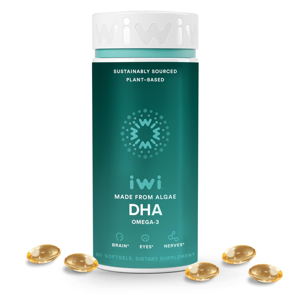 Iwi DHA Omega-3, 60 Softgels (30 Serve), Algae Omega 3, Cervello, Occhi e Nervoso Sistema di sostegno Integratore alimentare, Krill & Fish Oil Alternative, No Fishy Aftertaste