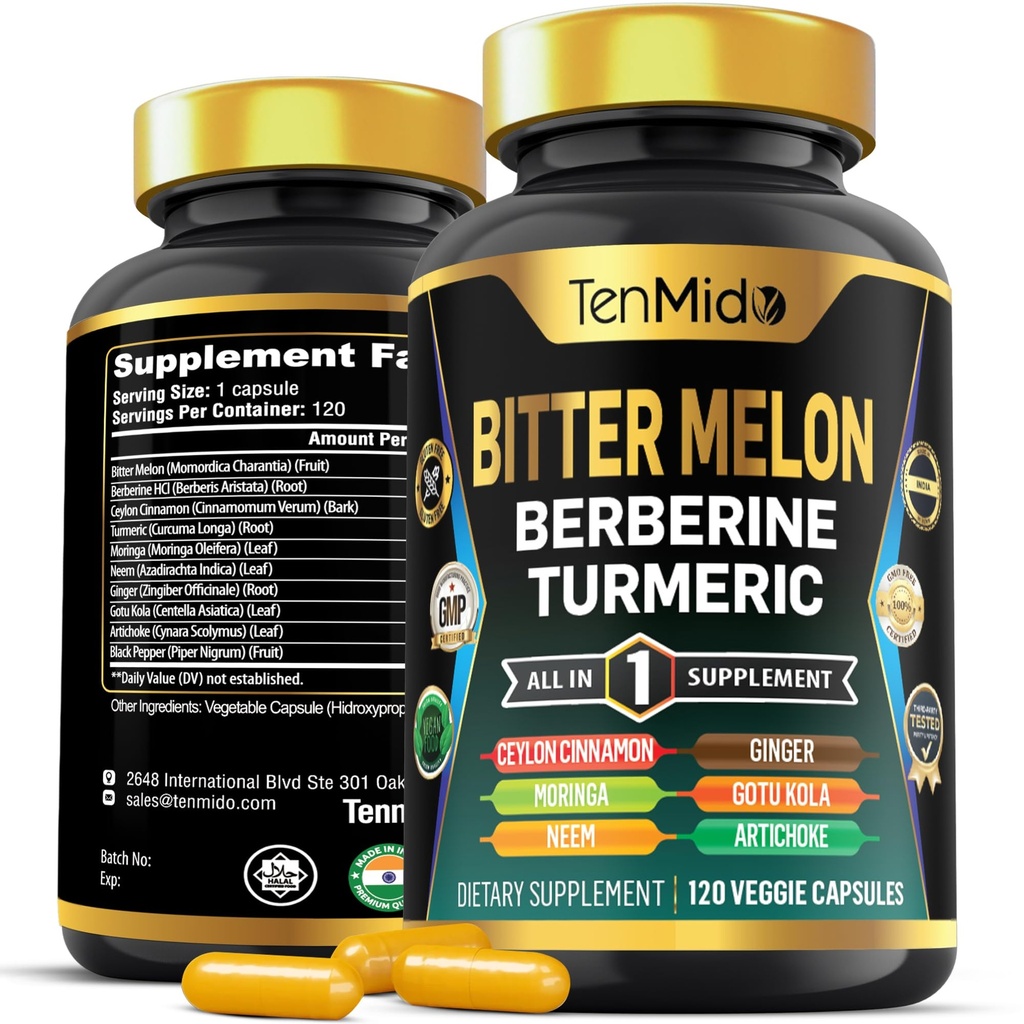 Bitter Melon Capsule - 10in1 Formula - Combina con Berberine, Ceylon Cinnamon, Turmerico, Moringa, Neem, Ginger, Gotu Kola, Artichoke e Pepe Nero - 120 Capsule per 4 Mesi di Alimentazione