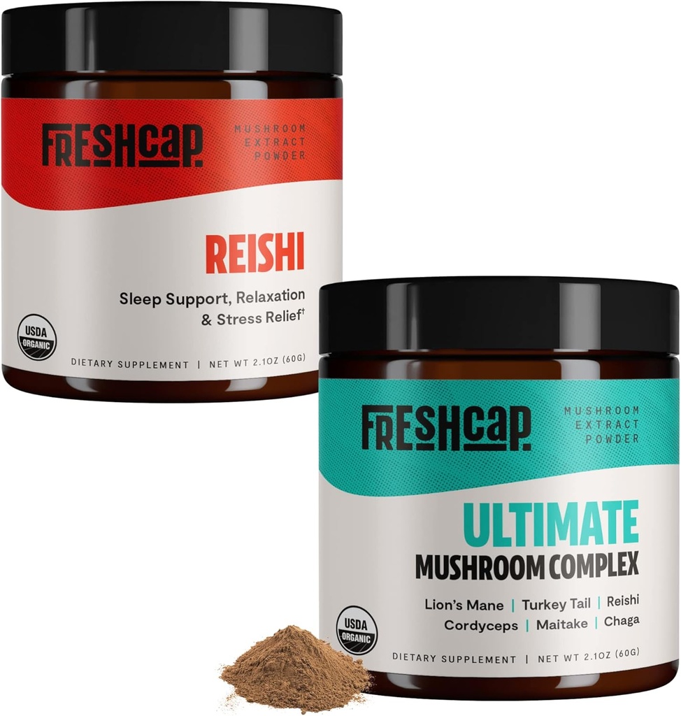 FreshCap Mushrooms Stress Bundle (polvere reishi e polvere completa del complesso di funghi)
