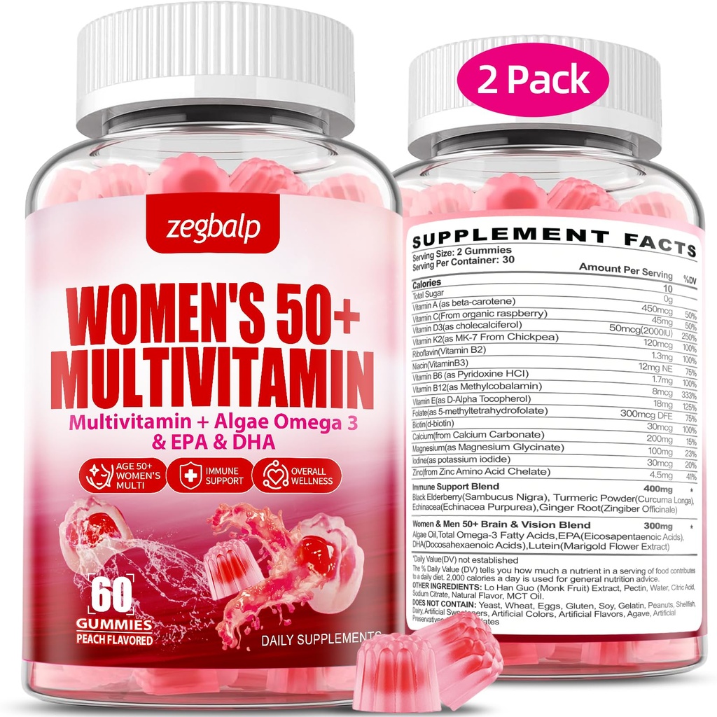 Donne senza zucchero Multivitamin 50 Plus Gummies con Calcio, Magnesio, Zinco, Vitamina A, C, D3, E, K2, B Complex, Folate, Biotina - Multi Vitamine & Minerali per Pelle, Energia, Supporto immunitario