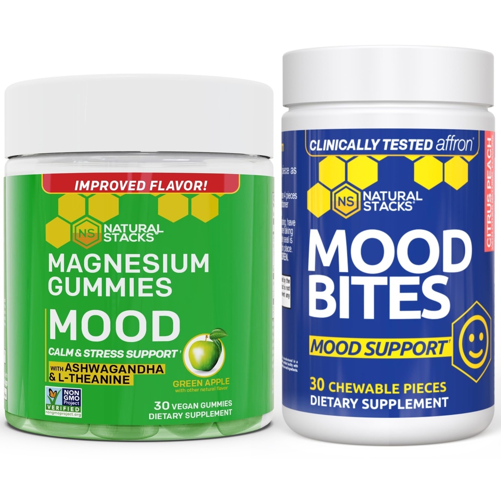 NATURAL STACKS Mood Bites + Mood Magnesium Gummies Bundle - Positivo Mood & Stress Support* - 60 Masticabili