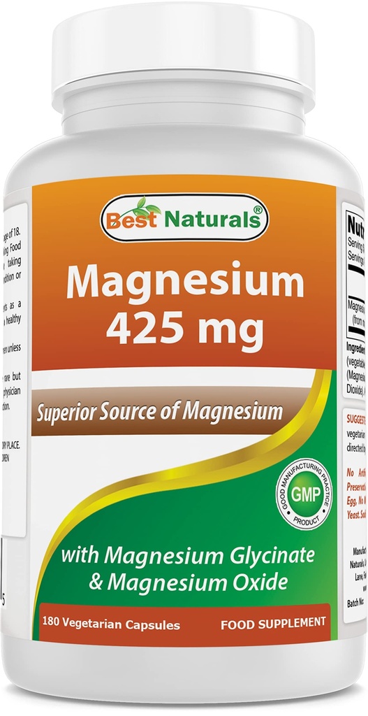 Best Naturals Magnesium 425 mg 180 capsule veggie - Alto assorbimento Magnesio Glycinate & Magnesio Ossido Chelato, Non OGM, Gluten Free Muscle Relax (180 Count (Pack of 1))