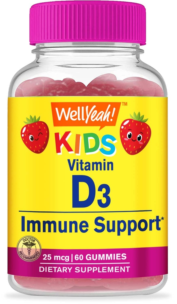 WellYes Kids Vitamin D3 Gummies - 1000 IU (25 mcg)- Supporta la forza e l'immunità di chicco - Non OGM, Gluten-Free - Aroma di fragola - Supplemento nutrizionale - 60 Serve