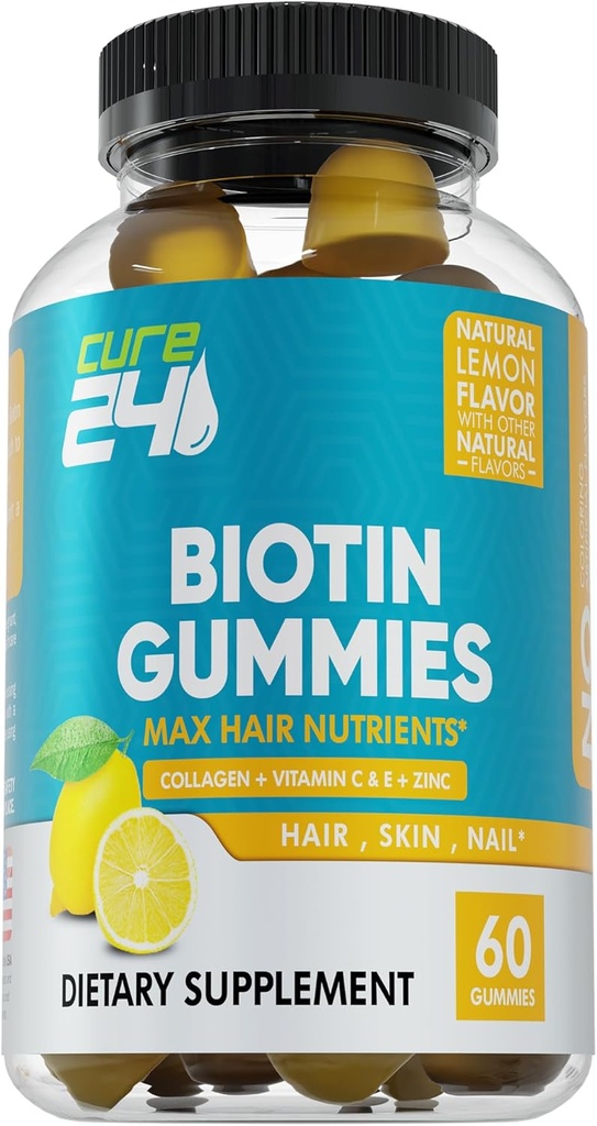 Gummie biotina con vitamina C, E, Collagene e zinco, biotina Gummies per la crescita dei capelli, chiodo, pelle, supporto, Made in USA 60 Gummies