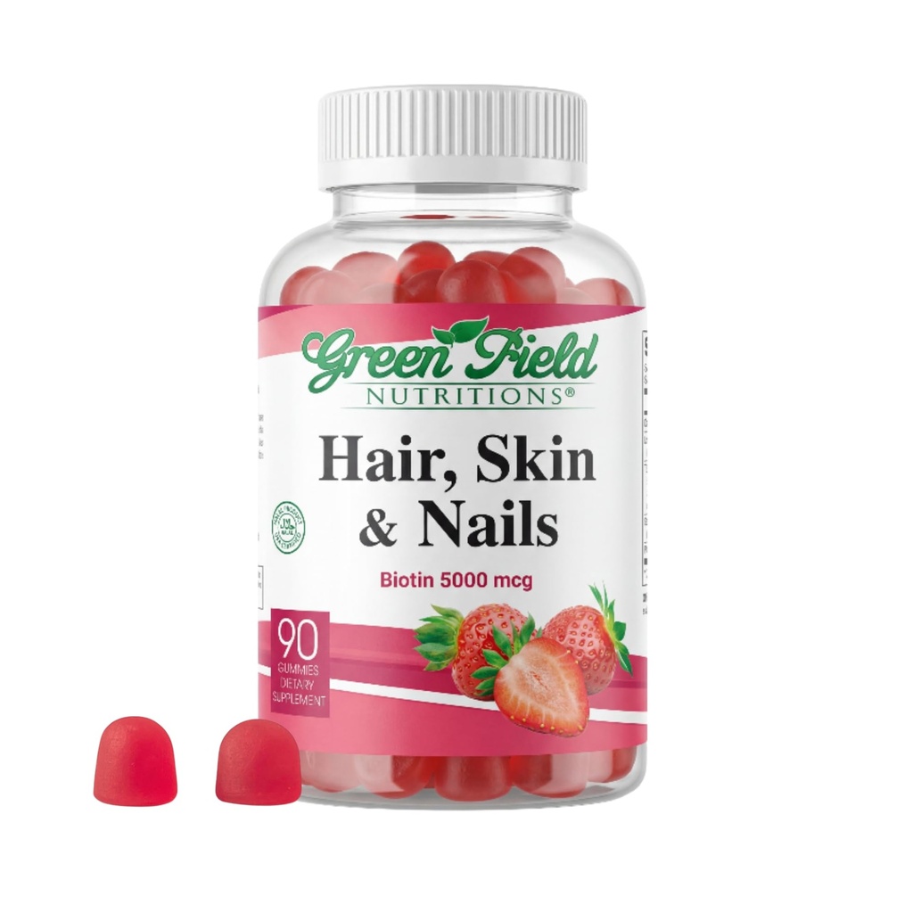 Greenfield Nutritions - Halal Biotin Gummies Vitamina per capelli, pelle e unghie, Supporta il metabolismo grasso, la crescita dei capelli, le unghie forti e la pelle chiara, Gelatin Free, Non-GMO e Gluten Free - 90 Gummies