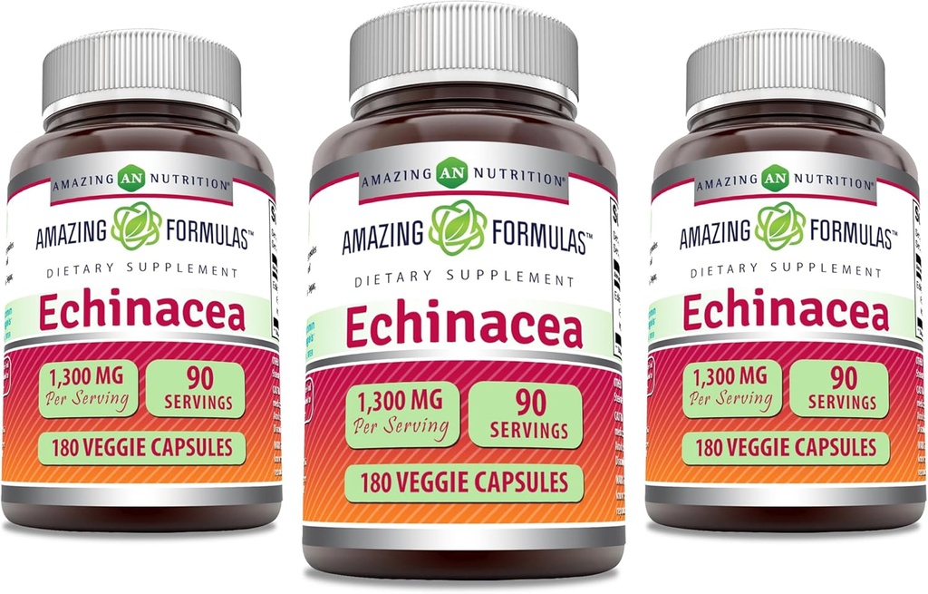 Incredibile Formulas Echinacea | 1300 Mg | Capsule vegetali Supplemento | Non OGM | Gluten Free | Made in USA (3 Pack | 180 Count)