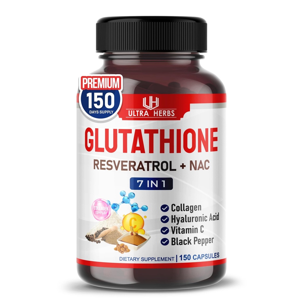Glutathione Supplemento Active Ridotto Forma, Arricchito con Resveratrolo, NAC, Collage, Acido Ialuronico, Vitamina C - Antiossidante Avanzato per Immunità & Detox | 150 Capsule