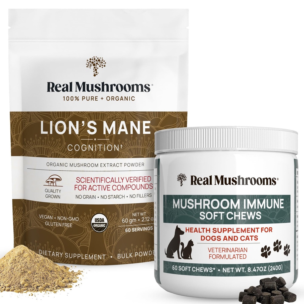 Real Mushrooms Lions Mane Powder for Humans (60g) & Mushroom Immune Pet Chews (60ct) - Bundle for Cognition & Immunity - Ashwagandha, Astragalus & More - Vegan, Non OGM, Gluten-Free, Grain-Free