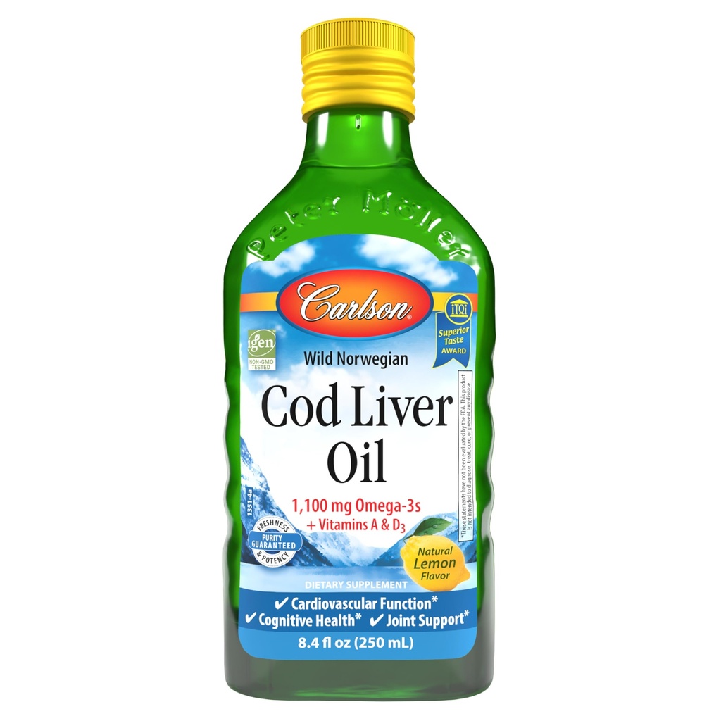 Carlson - Cod Liver Oil, 1100 mg Omega-3, Liquid Fish Oil Supplement, Wild-Caught Norwegian Arctic, Sustainably Sourced Nordic Liquid, Lemon, 250 ml