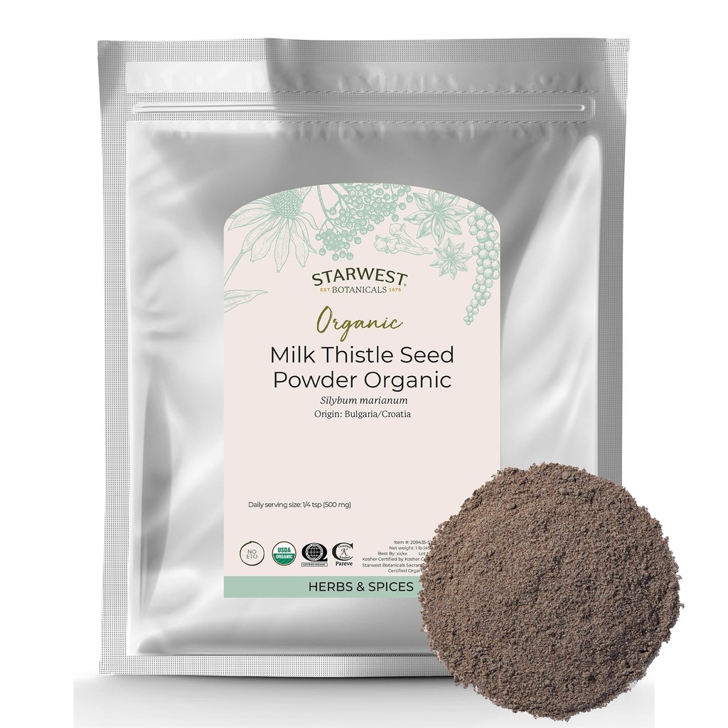 Polvere di semi di Thistle di latte biologico di Starwest Botanicals - Latte terra Thistle for Tea & Cooking, Mix in succo, Aggiungere a Smoothies, farina di avena, & Yogurt, Kosher certificato, Non-GMO - Bulk 1 lb Bag