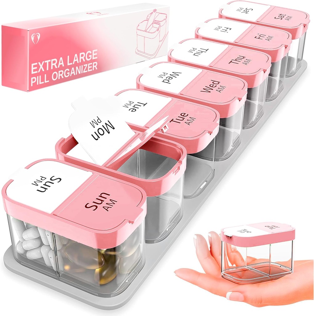Extra Large Weekly Pill Organizer - XL Vitamin Holder con 7 Confronti STATABILI AM PM - Dispenser portatile di medicina per casa e viaggio, Big Supplement Container per uso settimanale o giornaliero, rosa