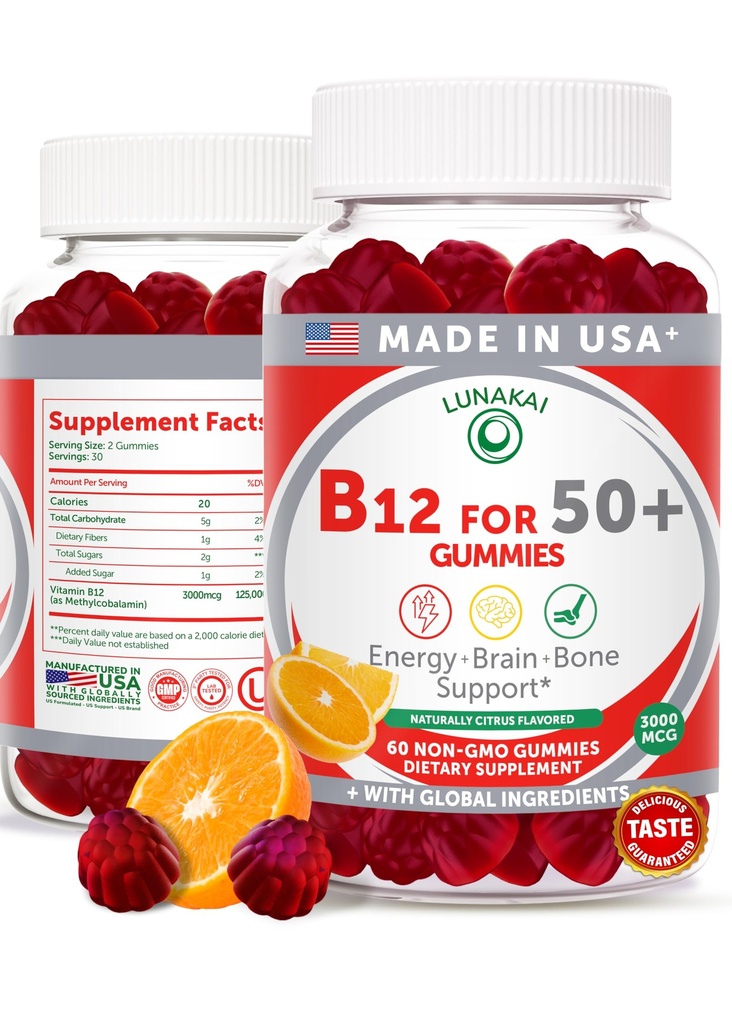 Lunakai USA Prodotto Vitamina B12 Gummies per Adulti 50+, Non OGM B12 per Energy & Vitality Boost, Delicious Orange Flavor, 60ct