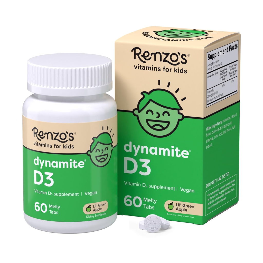 Vitamina D3, Dissolving Kids Vitamin D3, 60 Tabs di Melty senza zucchero, Lil’ Mela Verde aromatizzato