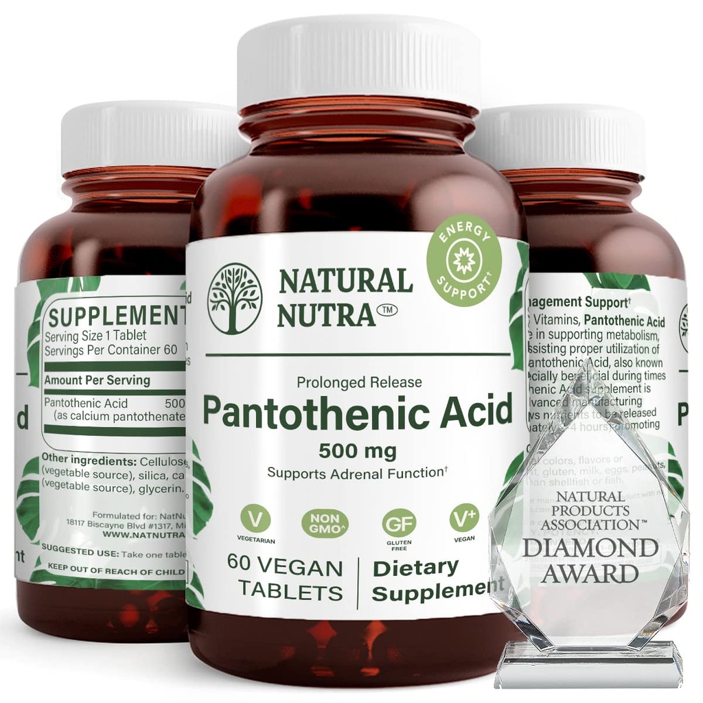 Acido pantotenico naturale di rilascio di Nutra 500 mg, supplemento di vitamina B5 aiuta a rompere grasso e carboidrati, metabolismo ed energia, migliorare la salute del muscolo, ridurre le macchie della pelle, 60 compresse vegetariane