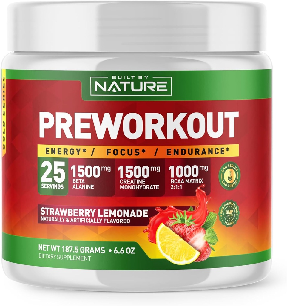 Costruito da Natura Pre Workout Polvere con Beta Alanine, Creatina Monoidrato, BCAA, L Citrullina, L Arginina e Caffeina - Fragola Limonata Flavor - 25 Serve