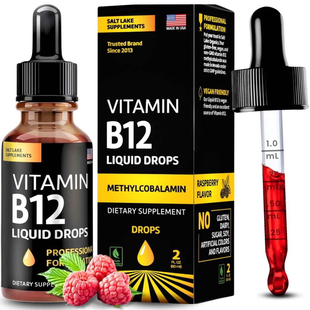 Vitamina B12 Gocce Liquide - Vegan B12 vitamine 5000 mcg Methylcobalamin Rapido-Attimento sublinguale B Complex Liquid Vitamina B2, B3, B6 - Non OGM, No Dairy, Soy & Sugar, Raspberry Flavor, 2 fl. oz.