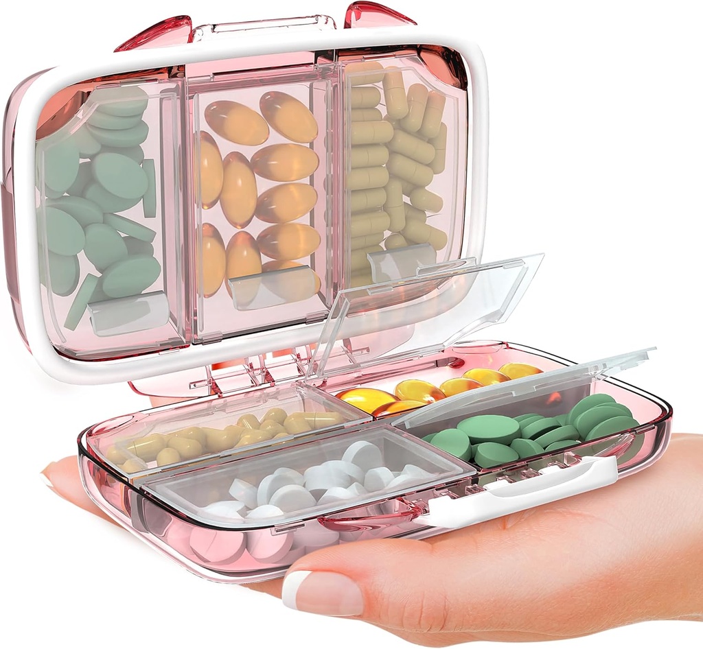 Organizzatore di pillole di viaggio - Moisture Proof Portable Vitamin Holder con 7 scomparti, Compatto caso di supplemento per Purse Essential Medicine Kit fot viaggio Pocket Pharmacy con etichette, Rosa