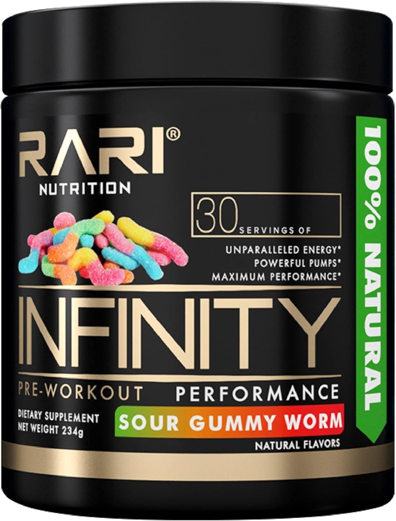 INFINITÀ - Polvere naturale al 100% per l'energia, la messa a fuoco e le prestazioni - Uomini e donne - Vegan e Keto Friendly - No Creatina - 30 Serve (Sour Gummy Worm)