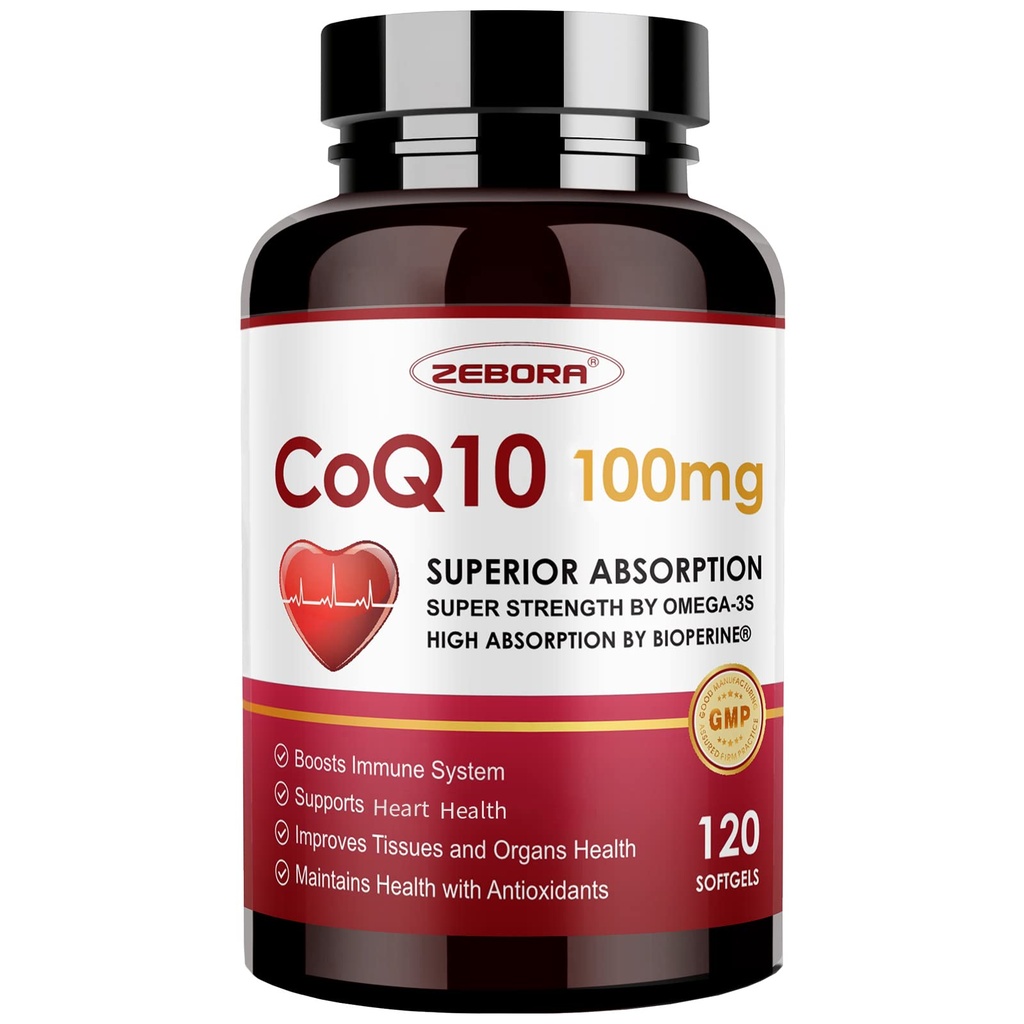 ZEBORA CoQ10-100mg-Softgels con PQQ, BioPerine & Omega-3, High Absorption Coenzyme Q10 Supplemento, potente antiossidante, cuore di supporto & Energy-Production 120 Serve, Non OGM