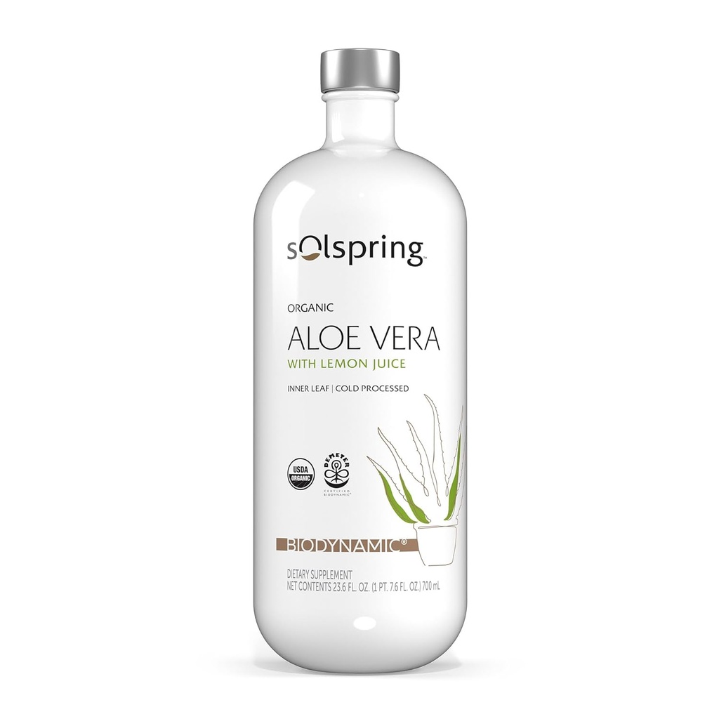 Succo Biodinamico Biodinamico Aloe Vera con limone, 23.6 Fl. Oz. (700 mL), Non pastorizzato, Certificato USDA Organico, Rigenerativo, Non OGM, Gluten Free, Soy Free, Dr. Mercola