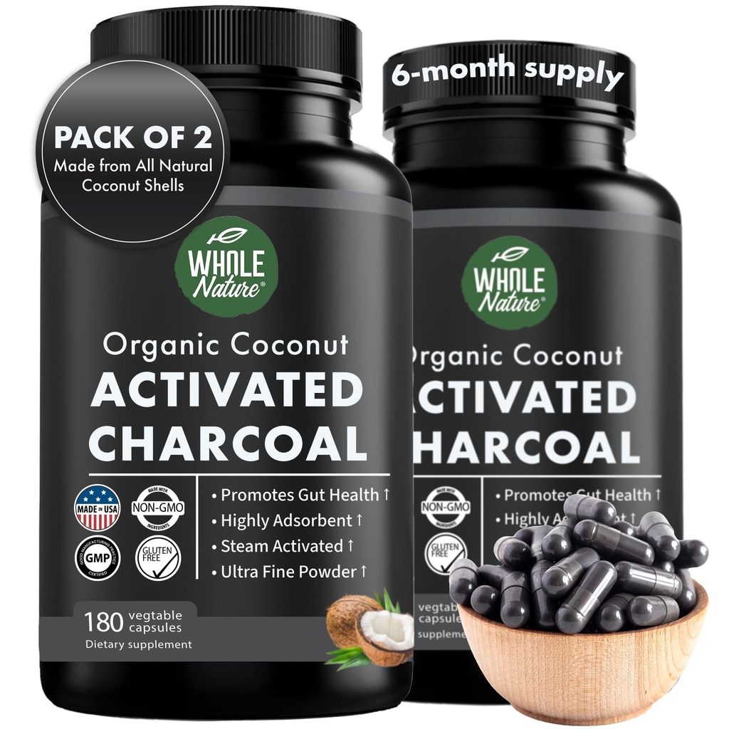 Capsule di carbone attivato di cocco, 180 capsule di carbone, sbiancamento dei denti, aiuta la costipazione, Bloating, Stomach Gas, bruciore di stomaco, Pure Coconut Derito Supplemento (2)
