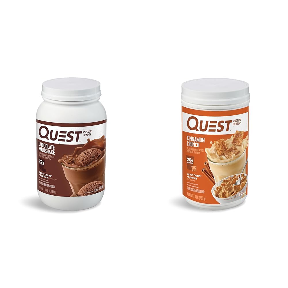 Quest Nutrition Chocolate Milkshake Protein Powder, 22g Protein, 1g Sugar, Carb basso, Gluten Free, 3 Pound, 43 Servings & Cinnamon Crunch Protein Powder, 20g Protein, 2g Net Carb, 1g Sugar