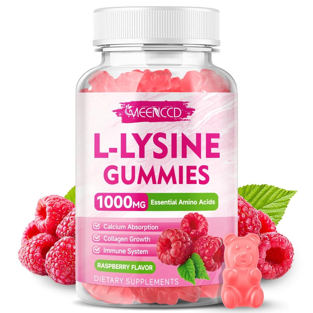 L-Lysine 1000mg Gummies, Integratore di Lysine per Adulti & Bambini, Integratore di Aminoacidi Essenziale per Lips & Oral Health, Aumentare Immune & Calcio, Senza zucchero, Sapore di lampone, 60 Conte