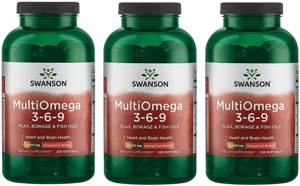 Swanson MultiOmega 3-6-9 - Non-GMO Flax Oil, Borage Oil, '&' Fish Oil Capsules - Essential Fatty Acids Supporting Cardiovascular Health '&' Brain Health - (220 Softgels, 2400mg Serving) 3 Bottiglie
