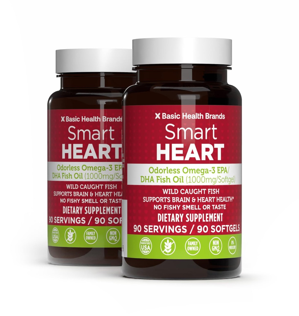 Smart Heart Odorless Omega-3 Fish Oil 1000mg - Triple Strength EPA & DHA, Non-GMO, Heart & Cognitive Support - 90 Burpless Softgels - 2-Pack
