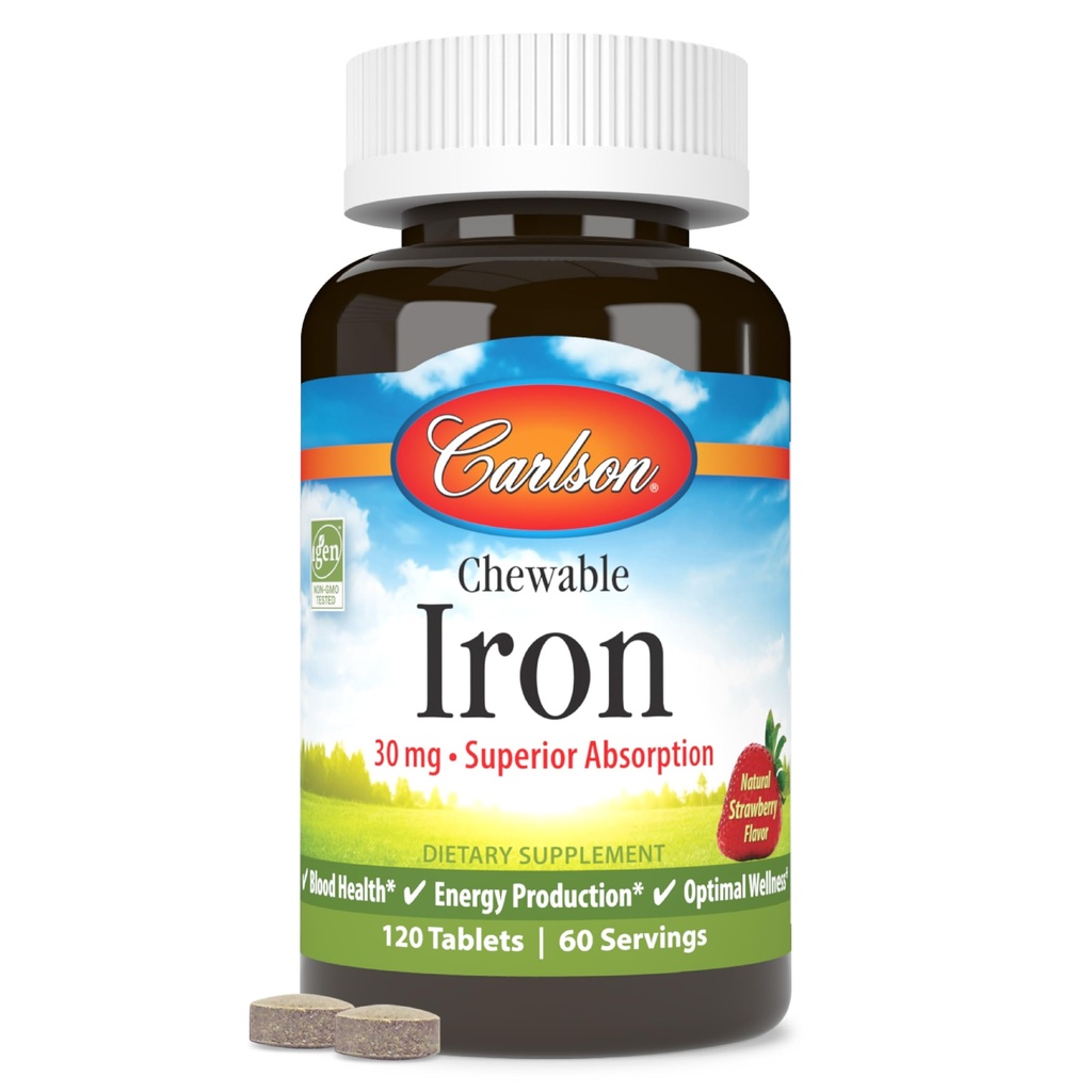 Carlson - Ferro da stiro masticabile, 30 mg, Assorbimento superiore, Sanità del sangue, Produzione energetica e benessere ottimale, Supplemento di ferro masticabile per le donne e gli uomini, Aroma di fragola naturale, 120 compresse